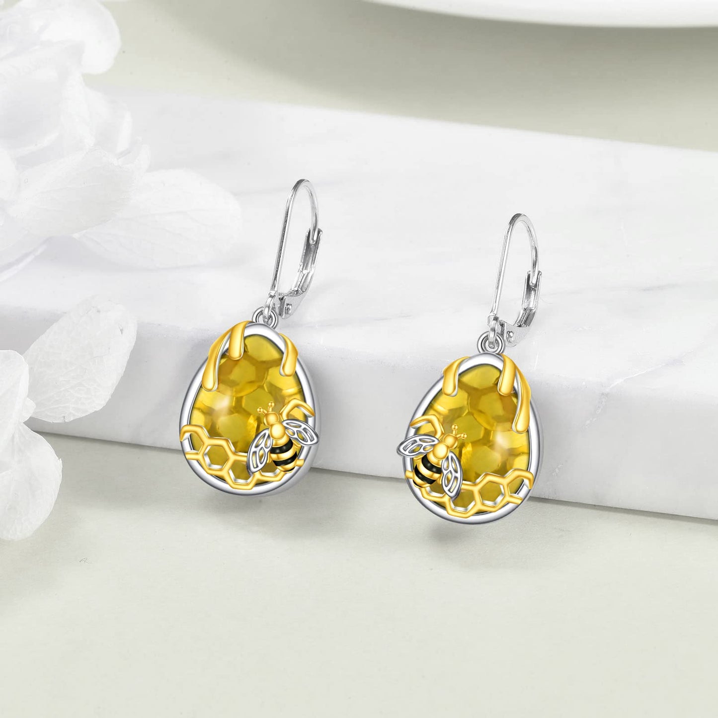 YFN Honeycomb Bee Earrings 925 Sterling Silver Amber Crystal Teardrop Dangle Drop Leverback Earring for Women