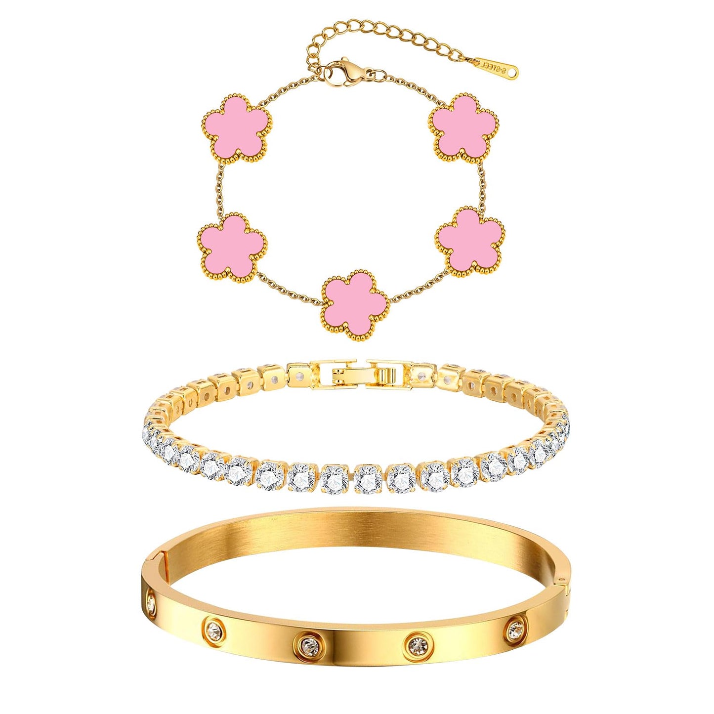 MPRAINBOW Womens Stackable Floral Bracelets, 3Pcs 18K Gold Plated Bracelet,Stainless Steel Bangle Chain Non Tarnish, Bracelet Set Trendy Jewelry,Christmas Valentines Birthday Gift for Girlfriend