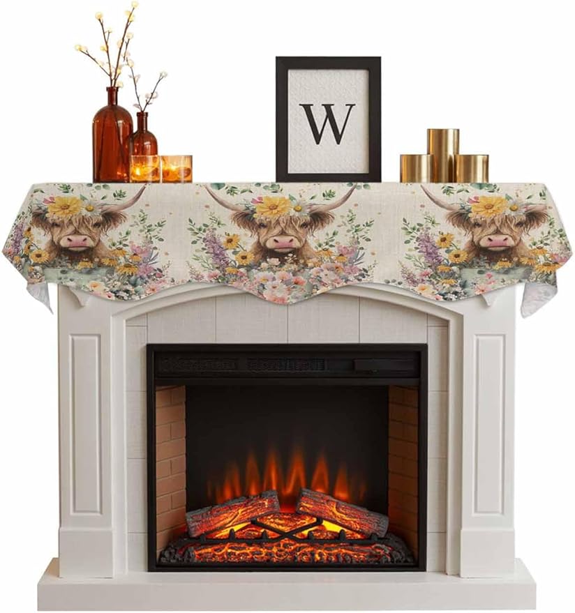 Spring Cow Floral Fireplace Mantel Scarf Table Runner, Green Eucalyptus Leaves Linen Winter Garland Mantel Top Tablerunners Dresser Scarves Cover Decorations for Windows Party Living Room 90''x17''