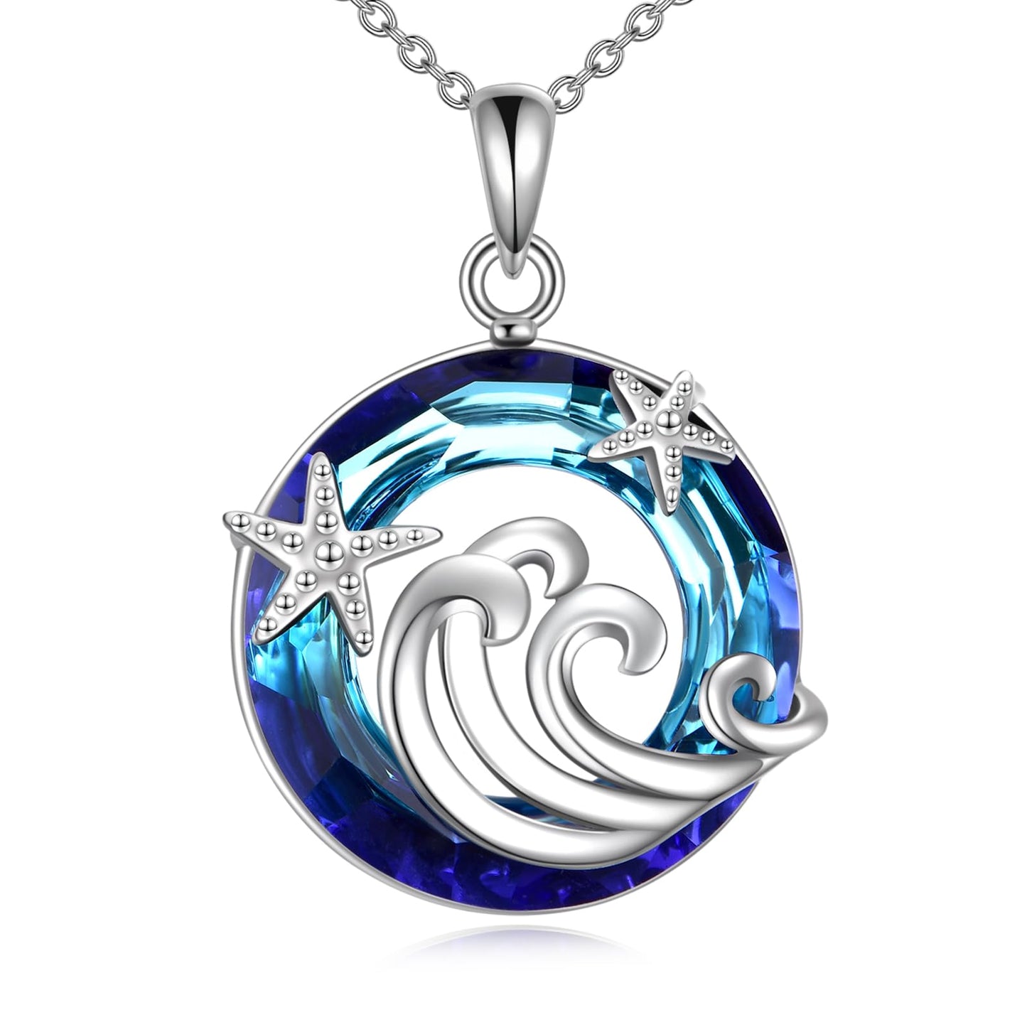 CRMAD Ocean Beach Necklace for Women Sterling Silver Starfish Wave Ocean Jewelry Gifts (crystal)
