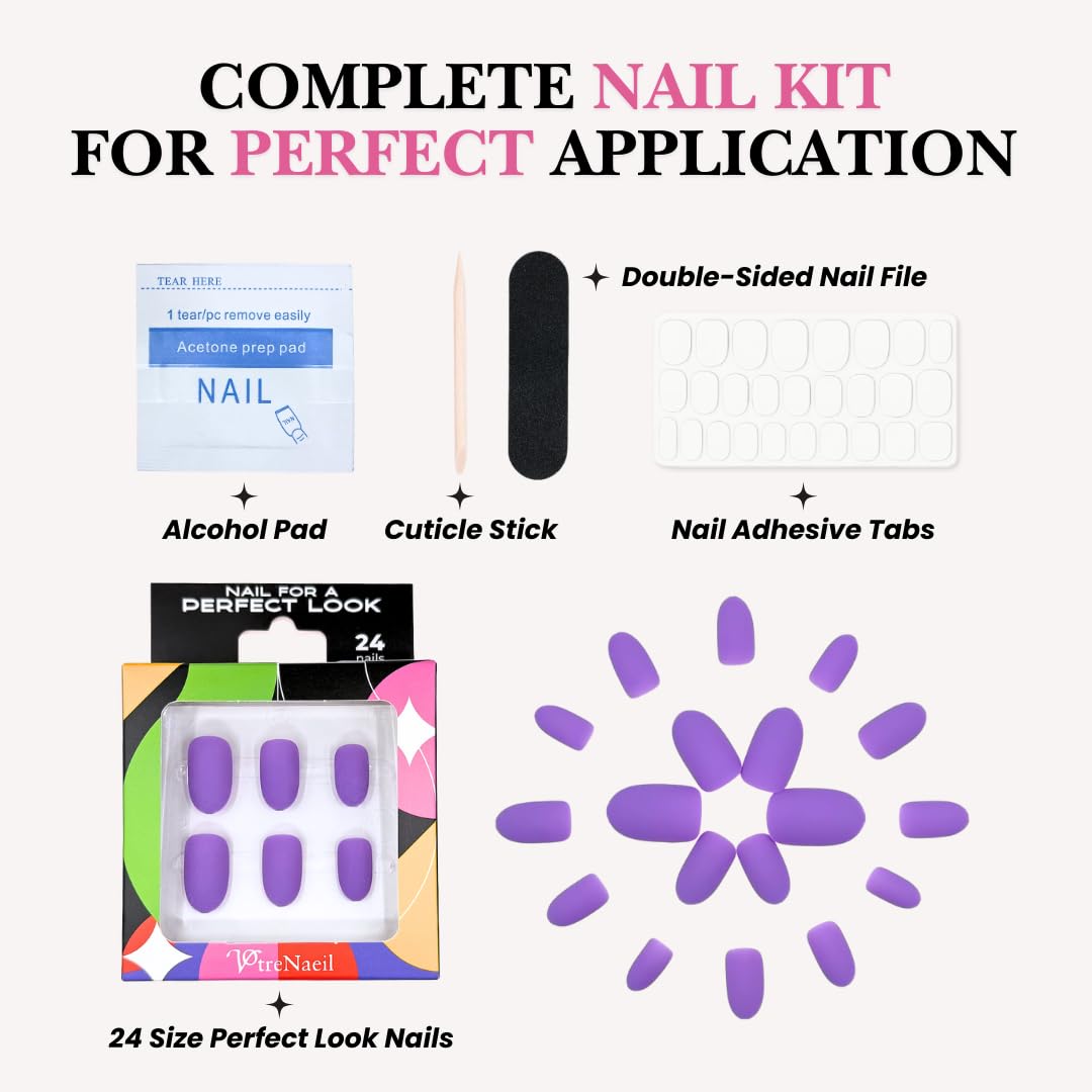 PerfectLook Press On Nails - Matte Orchid | No Glue One-Day Short Oval Nails, Matte Purple Style for Daily Chic - 24 Pcs Nail Kit with Adhesive Tabs
