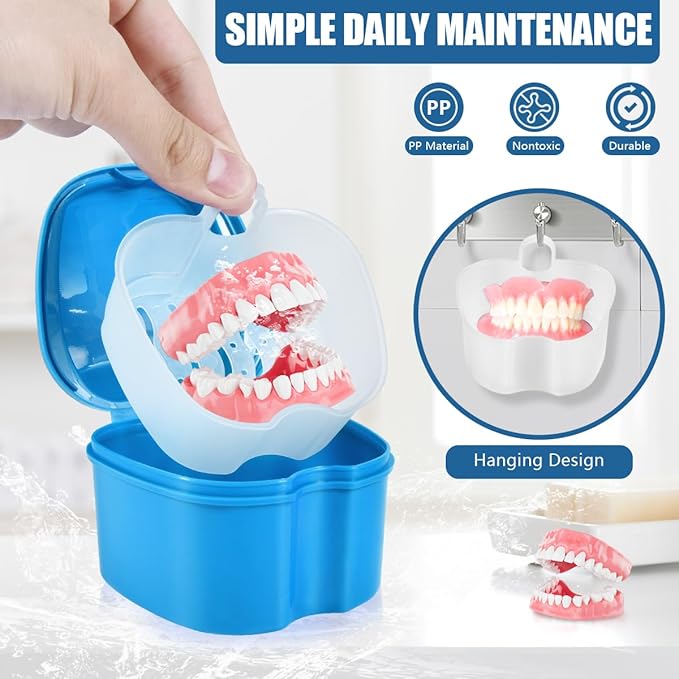 2 Pack Colors Denture Bath Case Cup Box Holder Storage Soak Container with Strainer Basket for Travel Cleaning (Light Blue and Black)