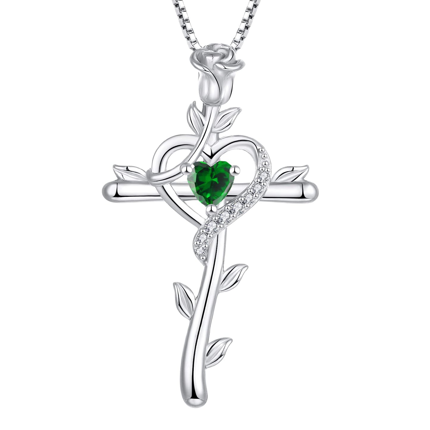 STARCHENIE Rose Cross Necklace 925 Sterling Silver Heart Crucifix Pendant Created Emerald Jewelry for Women