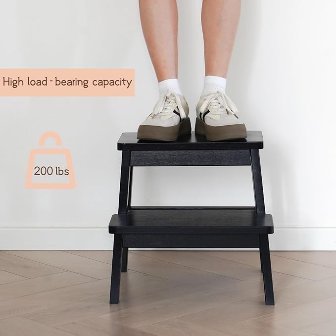 Adult & Child Wooden Two Step Stool ，Stepping Stool，Kids Step Stool Kitchen Step Stools for Bathroom– Perfect for Kitchen, Bathroom, Bedrooms & More (Black)