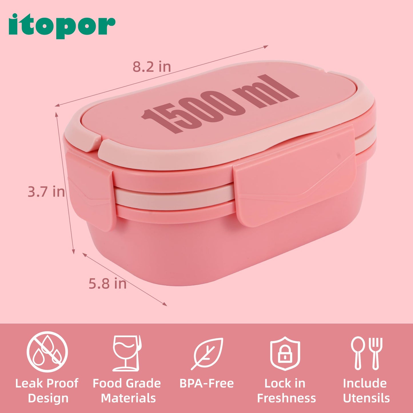 Itopor Leakproof Bento Box Adult Lunch Box with Hidden Handle, BPA-Free 5-Compartment Lunch Containers for Adults with Snack Tray & Utensils, Microwave & Dishwasher Safe, 5 Cup Pink