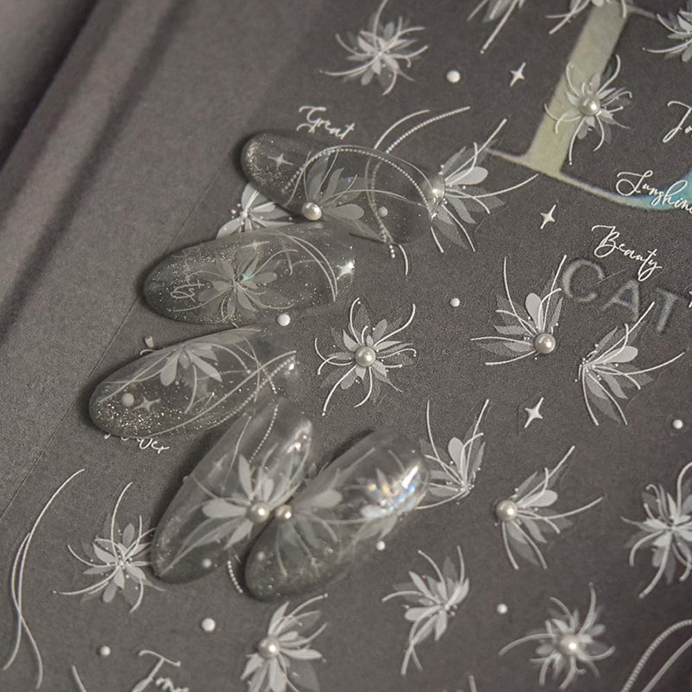 Fairy Pearled Nail Stickers 5D Embossed – Premium Salon-Quality Nail Charm Accessories, Easy Application & Self-Adhesive White Petals Decal for DIY Manicure, Nail Art, Press on, Home or Salon Use