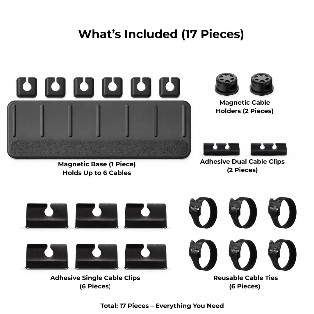 Magnetic Cable Organizer Kit (17-Piece) – Desk Cable Management Set with Magnetic Base & Adhesive Clips – Holds 6 Cables – Reusable Cable Ties for Office, Home & Gaming Setup