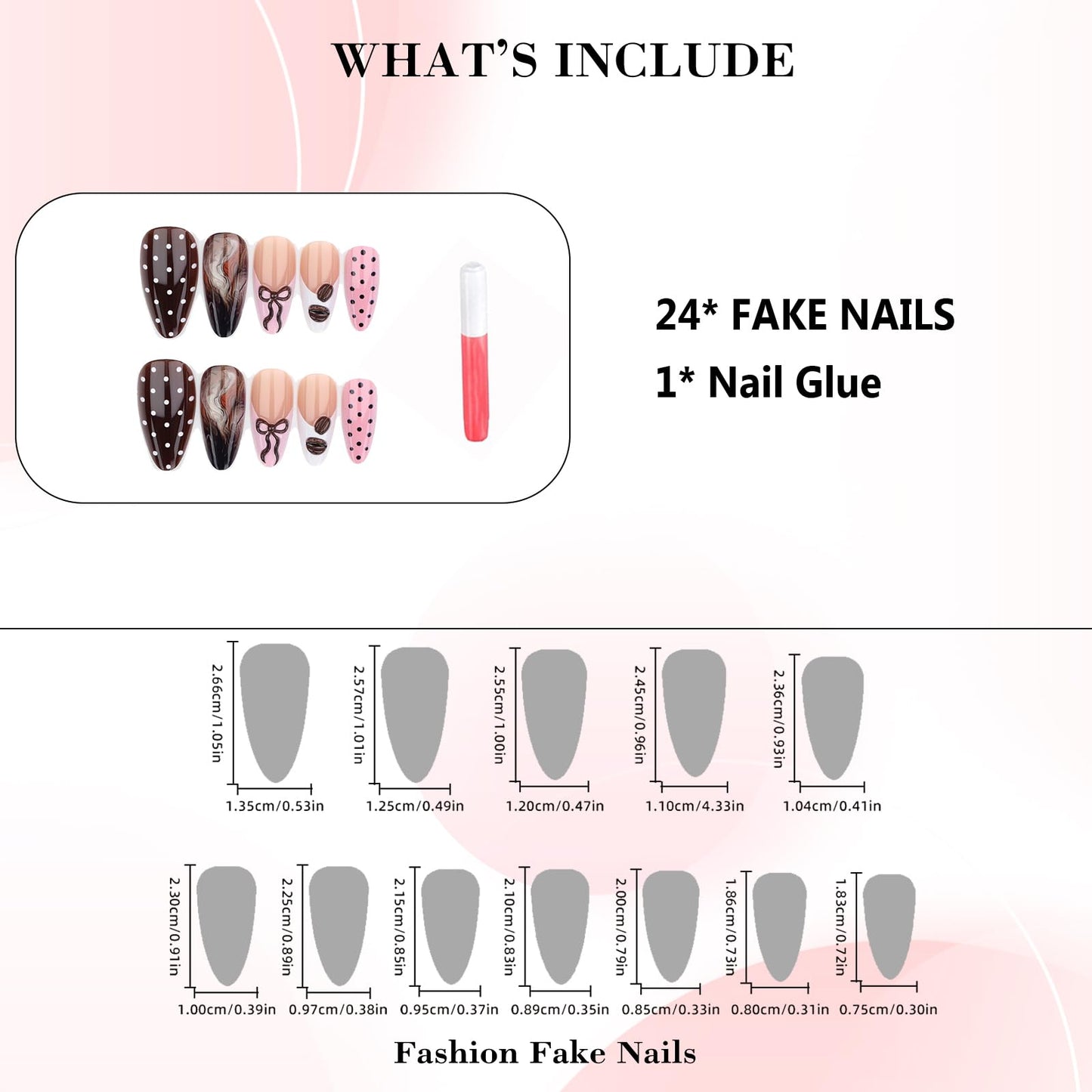 IMRAIN Press on Nails Medium Almond Fake Nails - 3D Bow, Coffee Bean, Polka Dot Design | Pink Brown Glossy Acrylic False Nails Cute French Tip Glue on Nails for Women