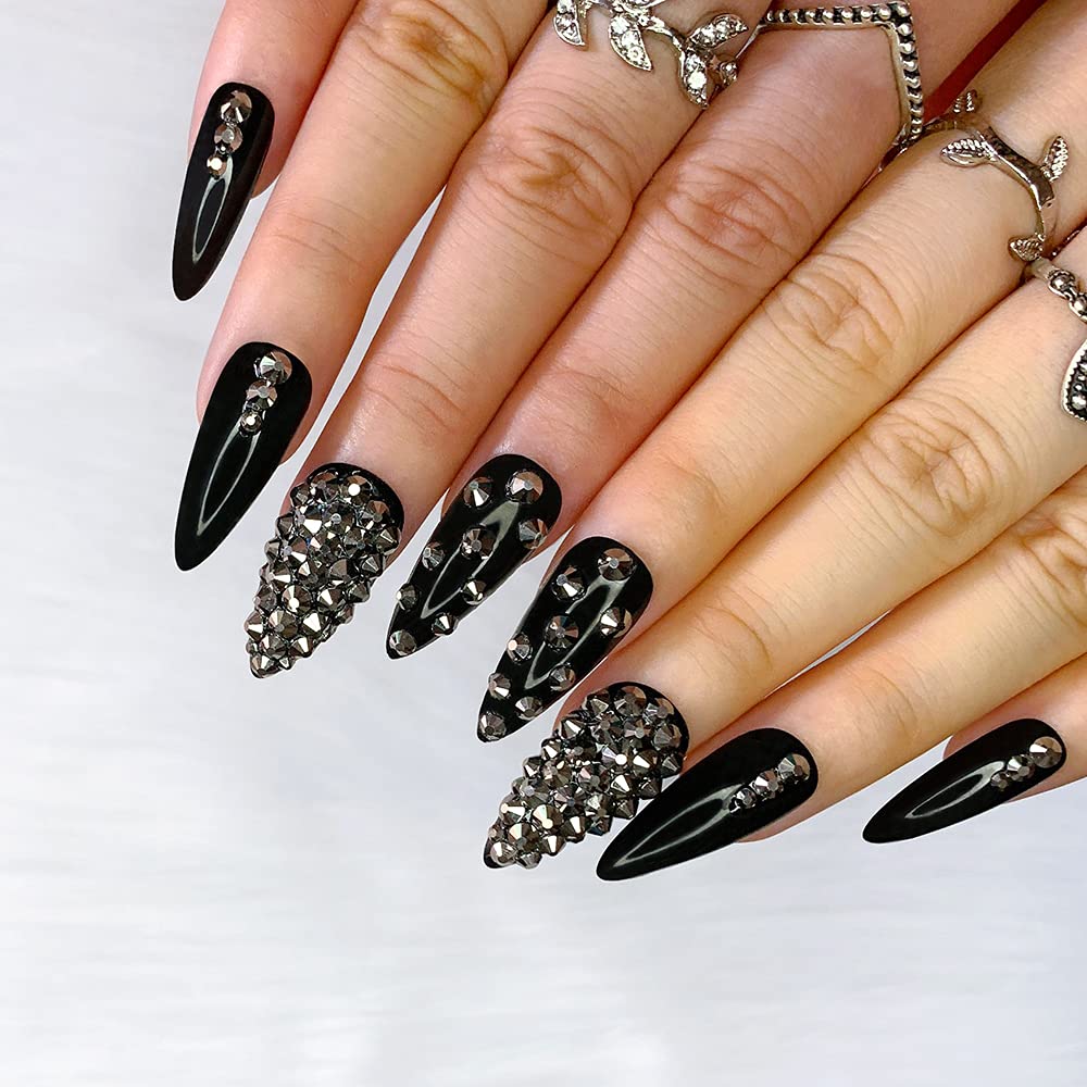 Morily Press-On Nails Bundle | Black Stiletto Matte & Black Stiletto Glossy Crystal | 24Pcs Each Set, Medium Length Long False Fake Nails