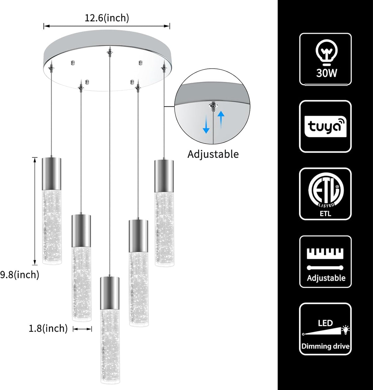 OKELI Smart Dimmable LED 5-Light Pendant Light for Kitchen Island, 18W 1350LM Modern Bubble Crystal Island Light Fixture with TUYA App & Voice Control, Adjustable 3000K-6000K, Electro-Chrome