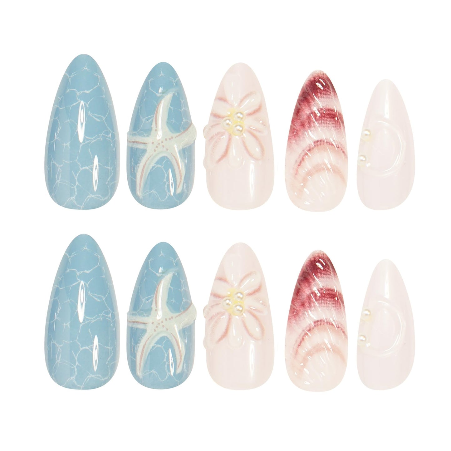 IMRAIN Almond Press on Nails Medium Fake Nails with 3D Sea Star, Shell Design Blue Glossy Full Cover Acrylic False Nails Stick on Nails for Women Girls DIY Manicure 24Pcs
