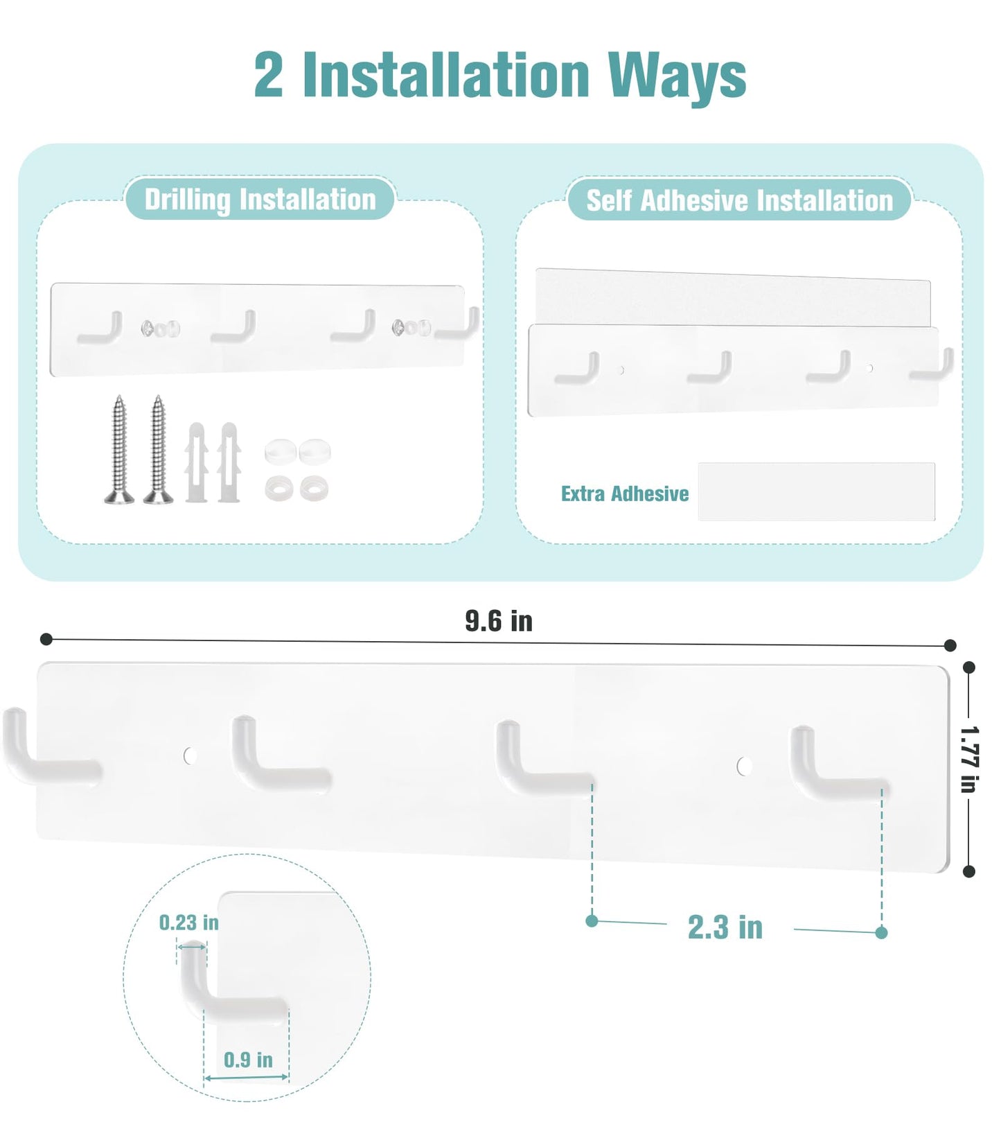 RELBRO Key Holder Wall Mount, Large Metal Self Adhesive Key Rack with 4 Hooks, 2 Installation Options, White