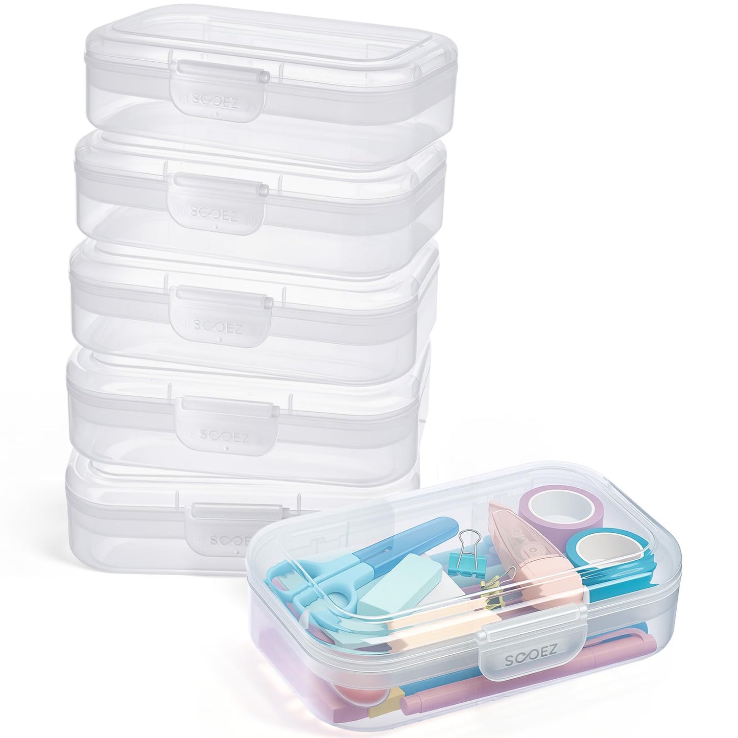 Sooez 6 Pack Pencil Box, Plastic Pencil Case Holder with Latch, Clear Crayon Box Marker Organizer, Large Craft Storage Boxes, Stackable Storage Containers for Art School Supplies