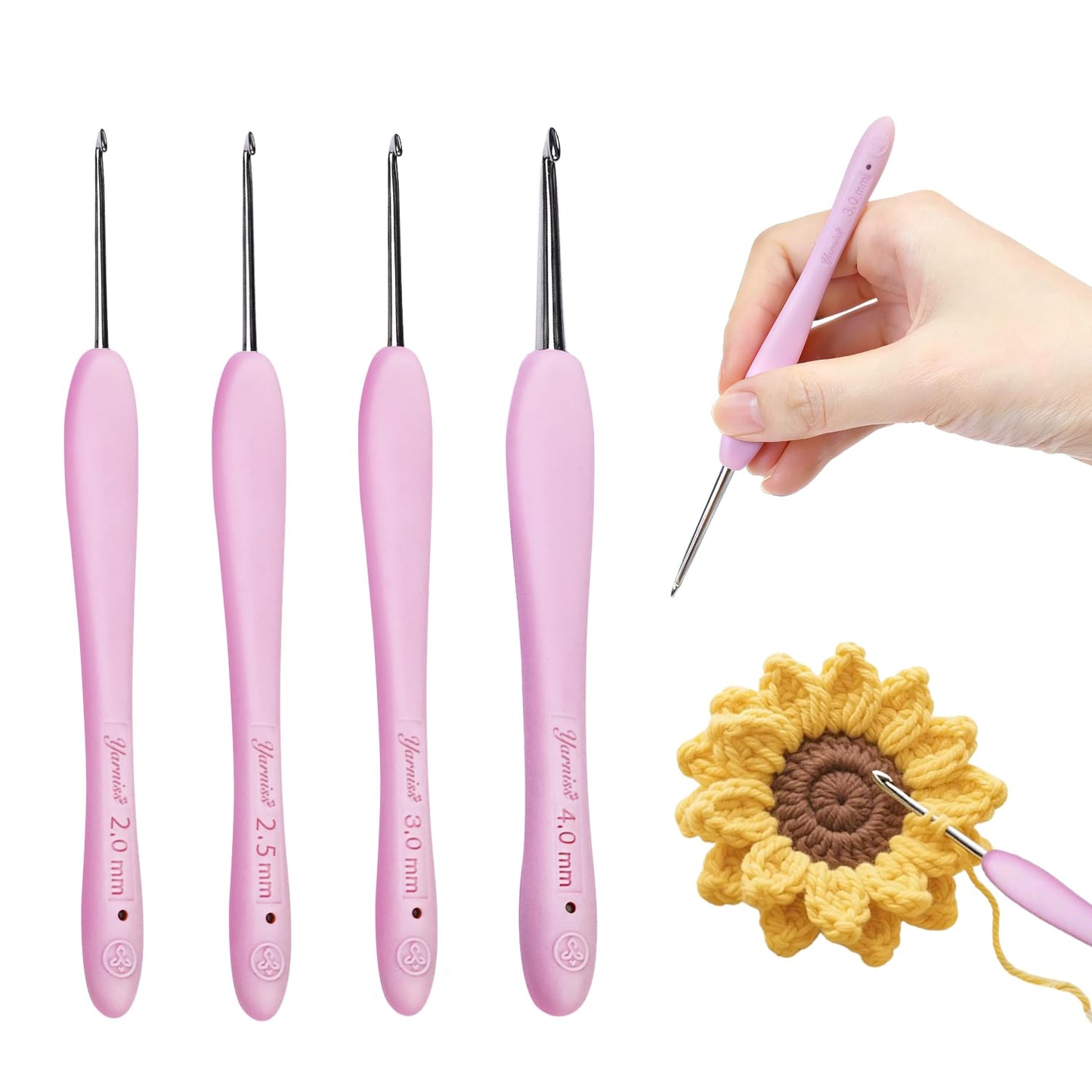 Yarniss Apex Crochet Hooks Set with Case 2.0mm~4.0mm,Hand-Polished Stainless Steel Crochet Hooks with Ergonomic Handle, Pointed Crochet Needle with Deep Groove