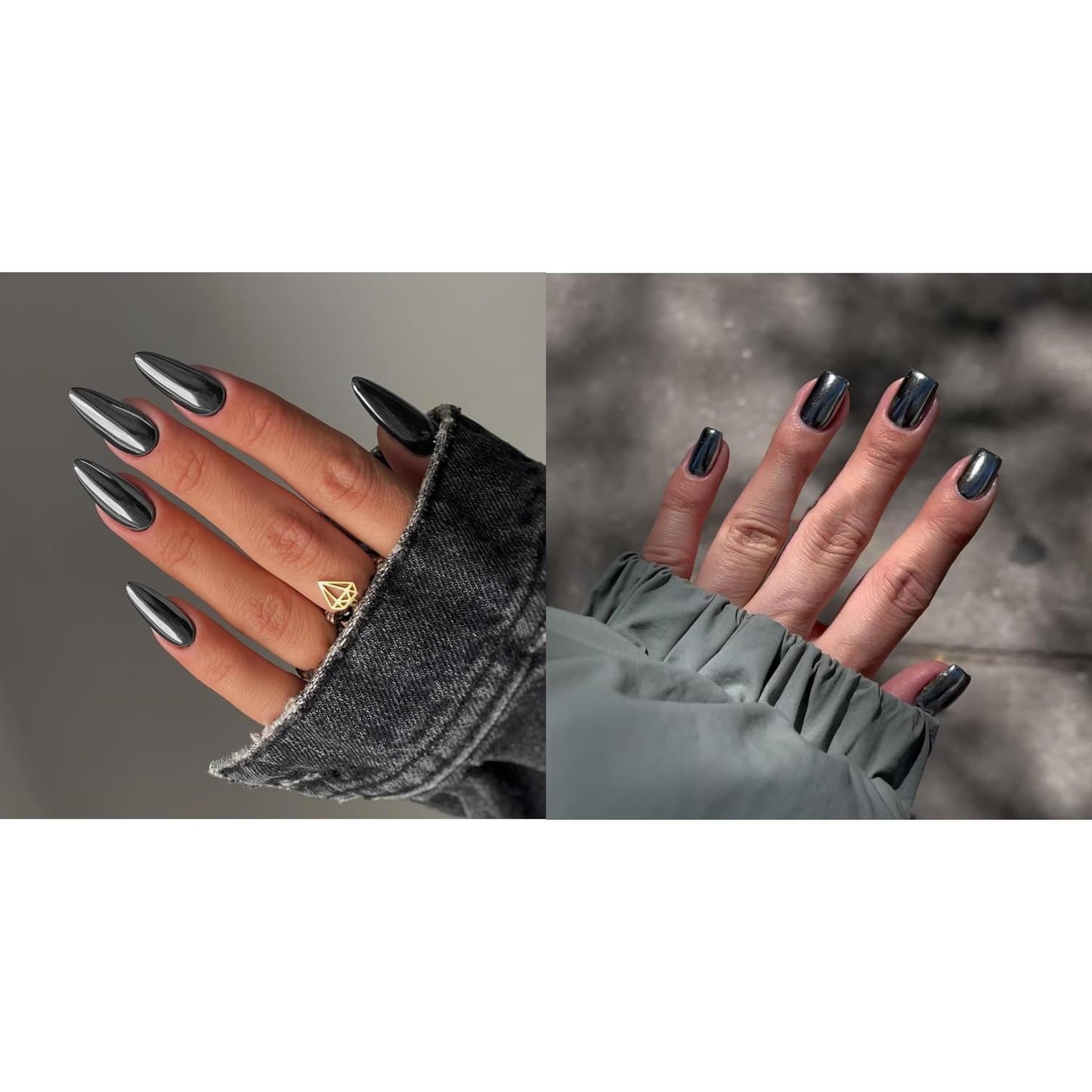 KQueenest Smoky Grey Chrome Press on Nails Medium Almond&Black Chrome Press on Nails Short Square For Beach Party Daily Decoration in 48 PCS