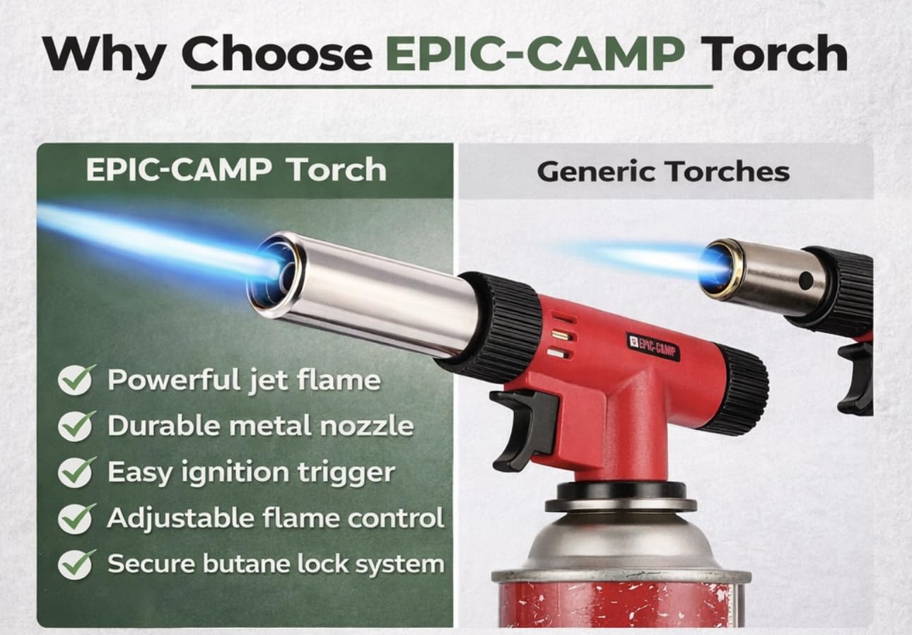 Butane Torch Lighter – Refillable Culinary Kitchen Torch for Creme Brulee, Cooking, BBQ, Baking, Camping – Adjustable Flame (Butane Fuel Not Included)