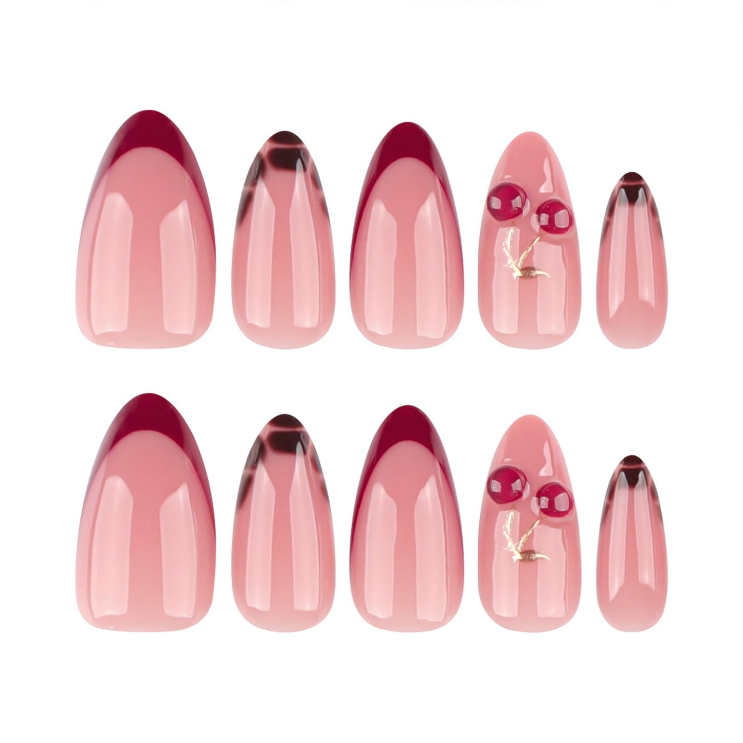 Mivota Medium Press On Nails Almond – 3D Cherry Design with Gold Branch, Red French Tips & Leopard Pattern, 24PCS Acrylic Fake Nails with Glue & Tools, Glossy Reusable Stick On Nails for Women