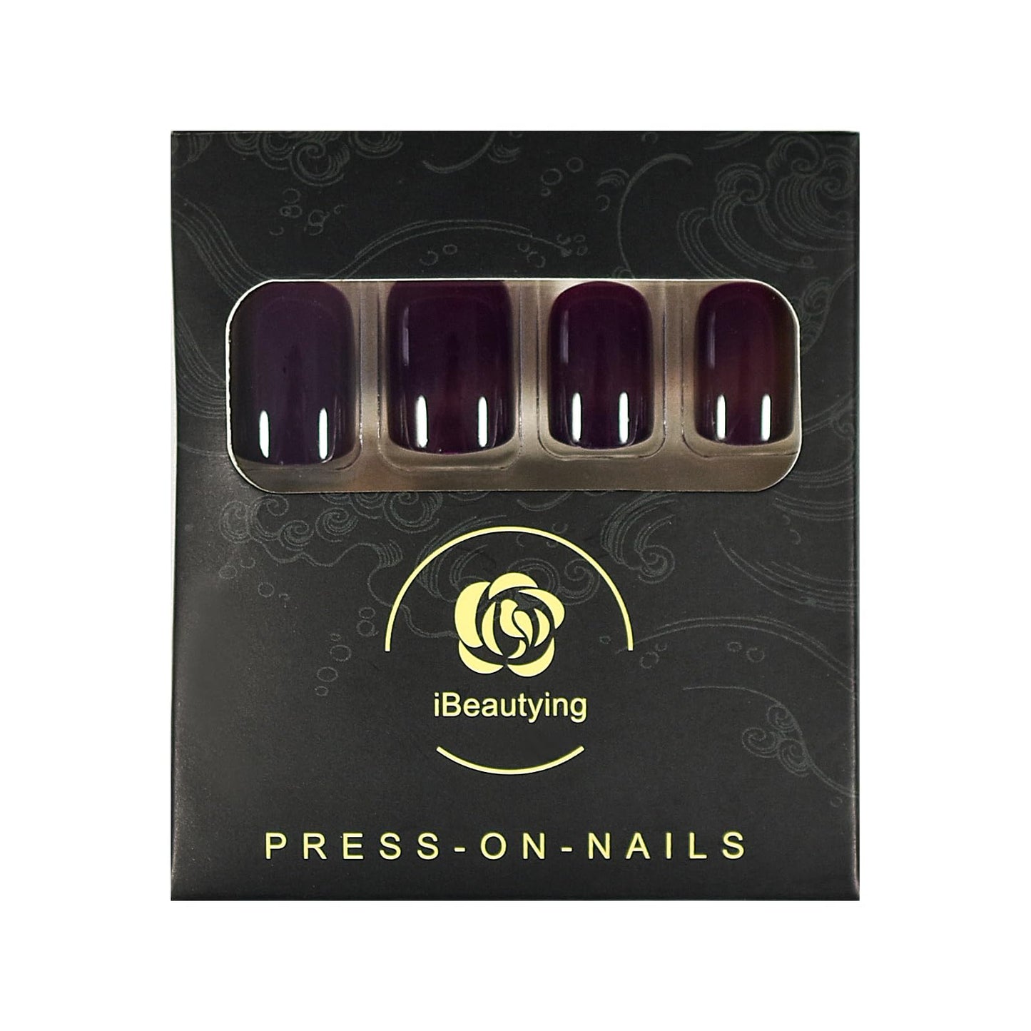 iBeautying Press on Nails - Dark Purple Pure Color False Nails | UV Full Cover Finish Short Squoval Shape Reusable Fake Nails in 10 Sizes - 24 Nail Kit with Jelly Glue Pad