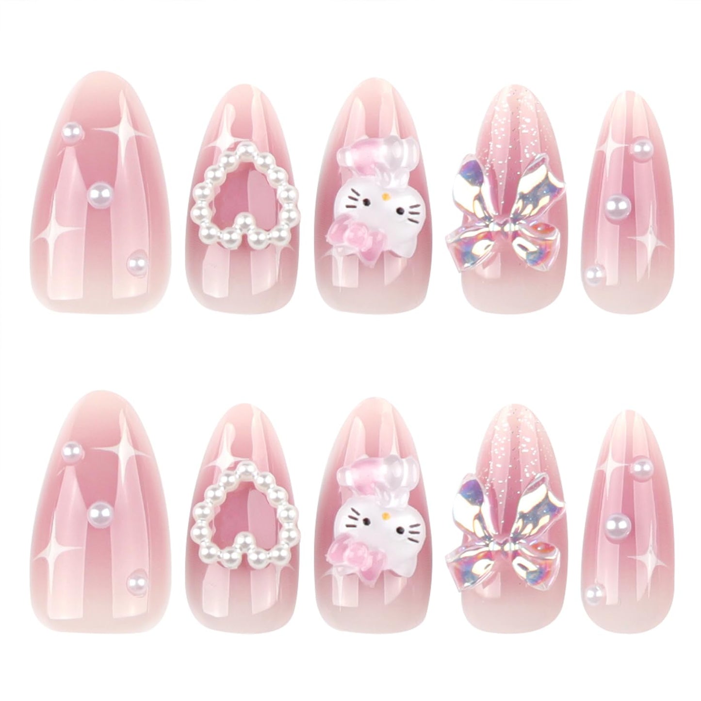 24Pcs Pink Press on Nails Medium Almond Fake Nails Charms Pearl Design French Nails 3D Bow Heart False Nails Tips Cute Star Stick on Nails Full Cover Artificial Acrylic Nails for Women Decor
