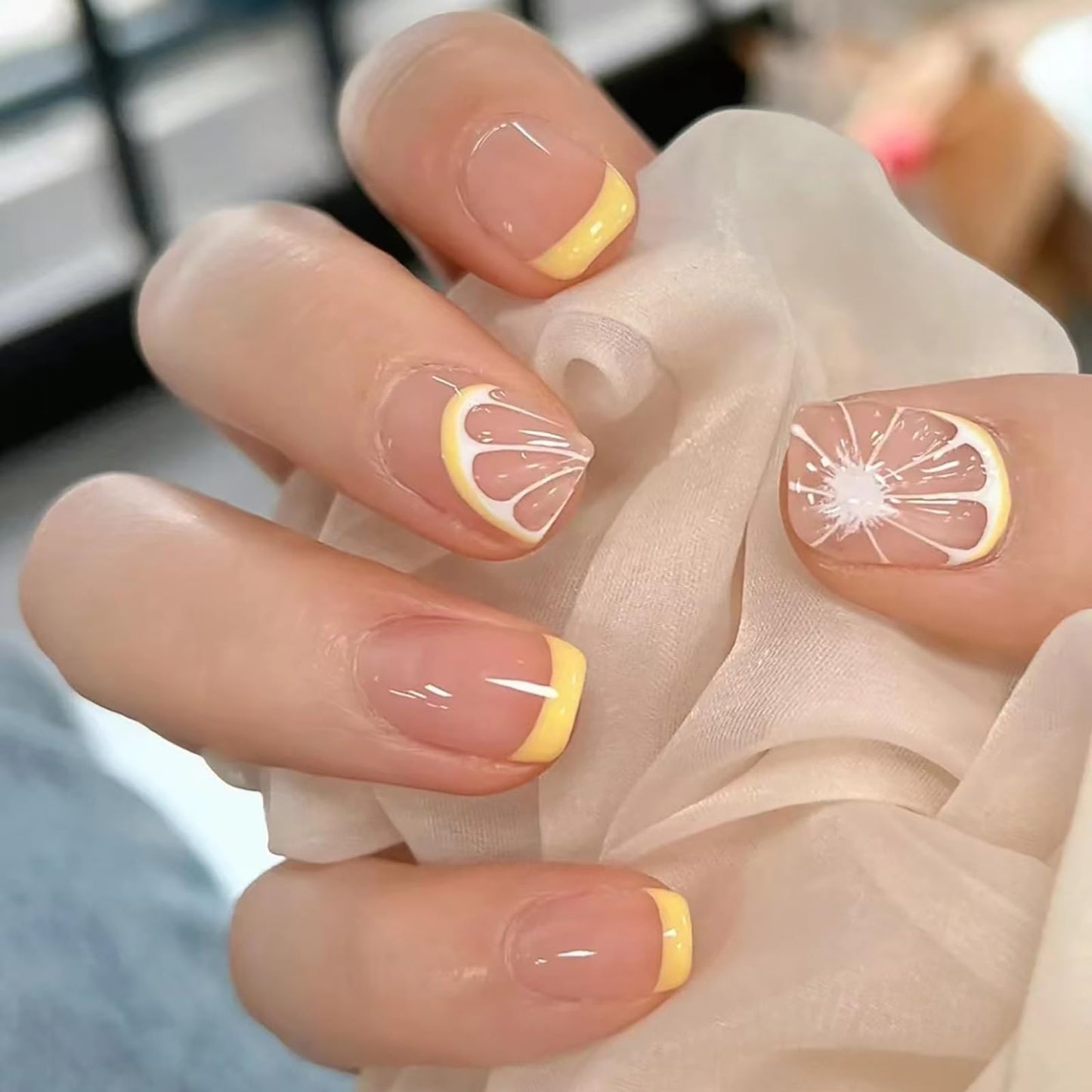 Rilafuvu French Press Nails - 24Pcs Yellow Nude Acrylic Fruits Lemon Designs with Glossy Stick-on Short Artificial Nails