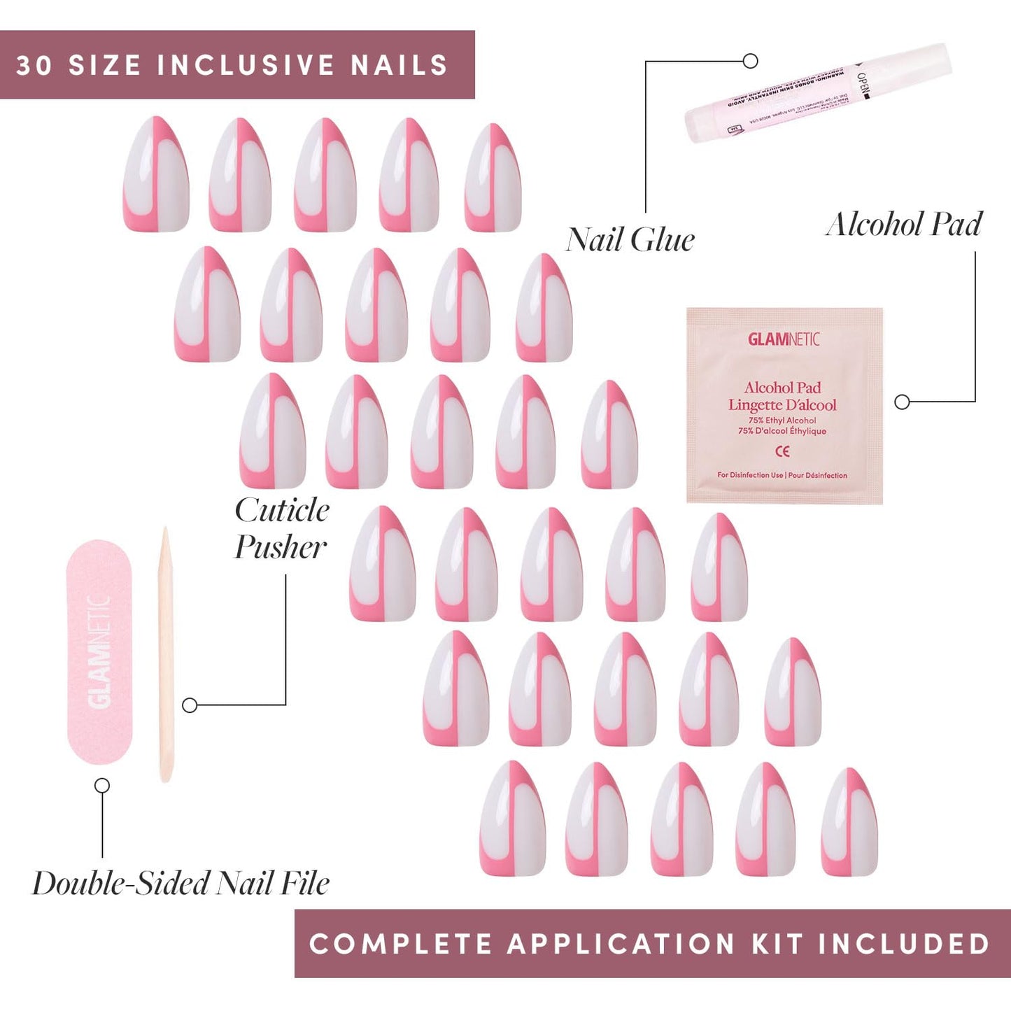 Glamnetic Press On Nails - Better Half | Spring Nails | Glossy, Semi-Transparent Short Almond Fake Nails with Pink Accents, Salon Quality | 15 Sizes - 30 Nail Kit with Glue