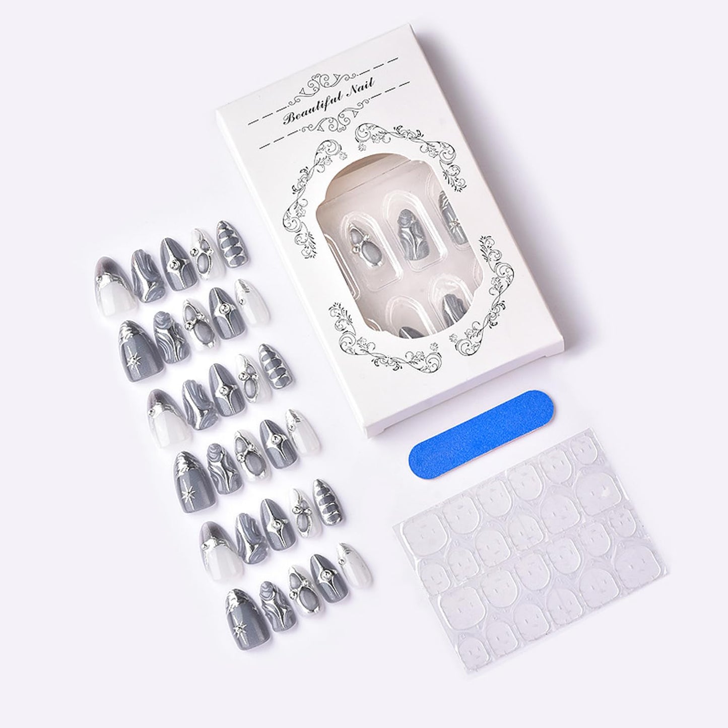 30Pcs Silver French Tip Press on Nails Medium Almond Fake Nails with 3D Beads & Silver Star Irregular Designs Dark Grey Acrylic Nail Tips Gothic Full Cover Glue on for Women DIY Manicure Decorations