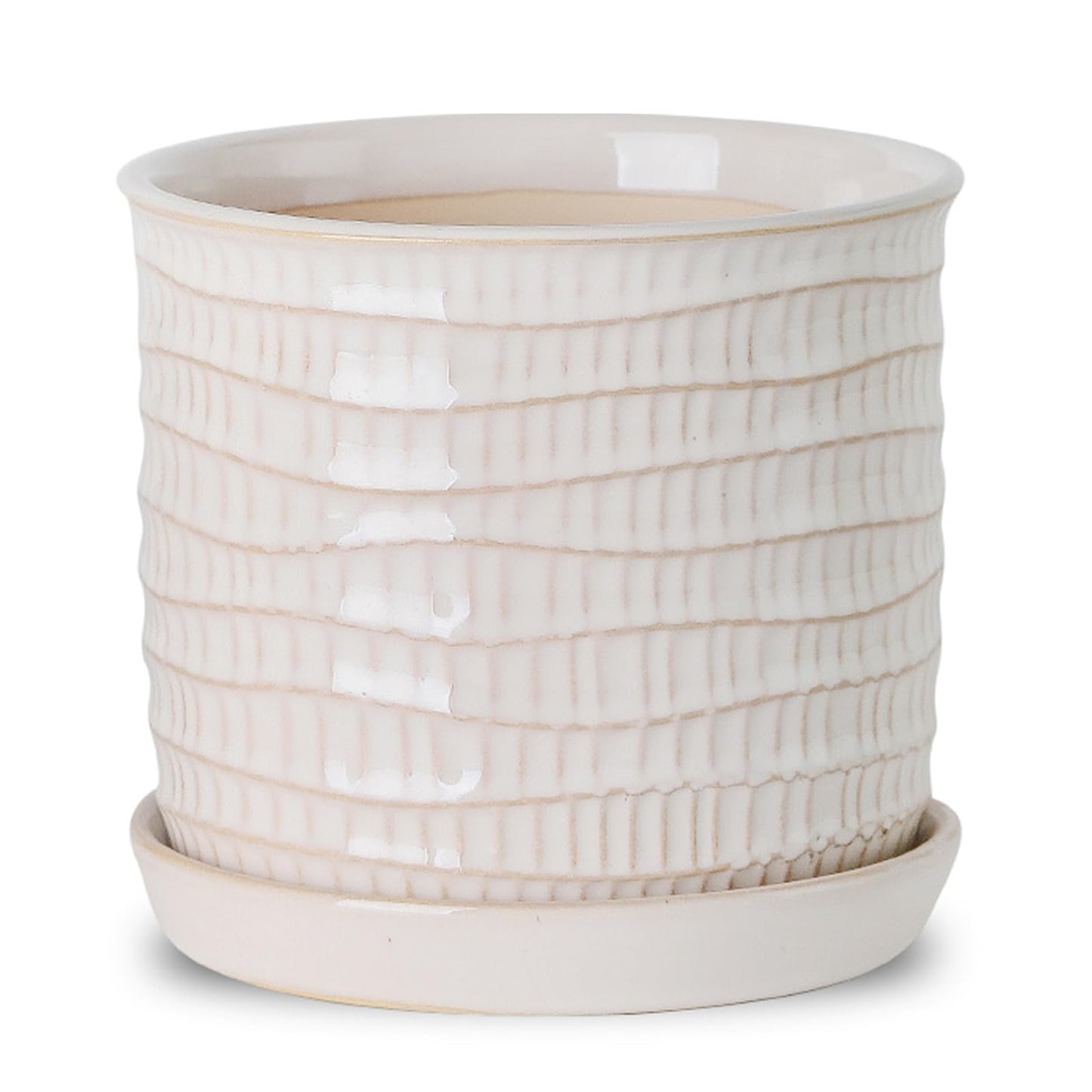 Chubacoo 5.8 Inch Plant Pot: Ceramic Planter with Drainage Hole & Saucer for Indoor Outdoor Plants - Flowerpot with Bonded Tray for Home Office - Wave Embossed