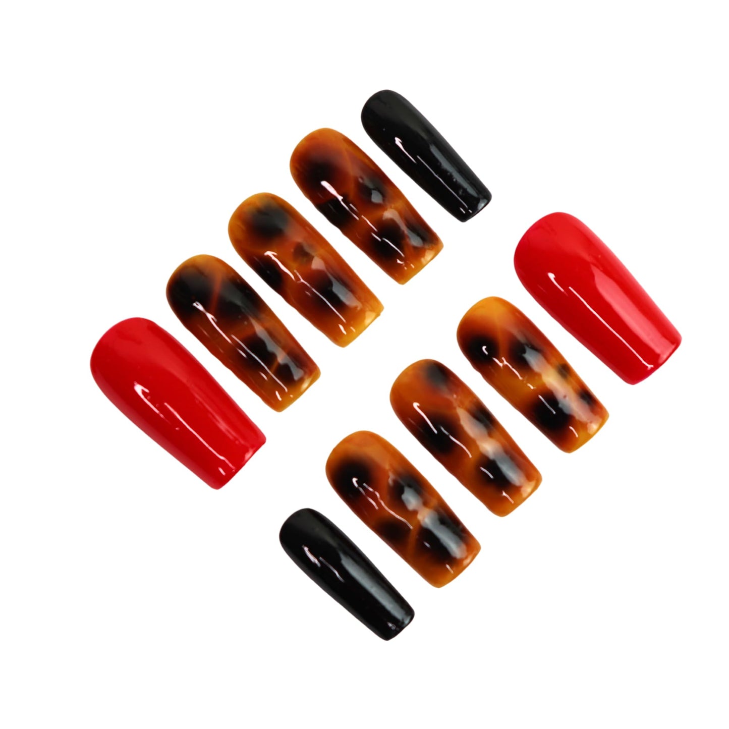 Tortoise Luxe Press-On Nails Medium Square | Handmade Tortoiseshell Red and Black Nails | Reusable False Nails | Elegant Custom Nail Set (Tortoise Luxe Red, M Medium Square)