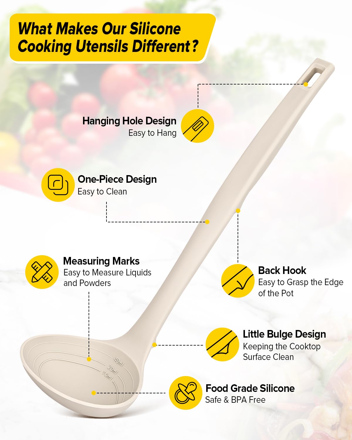 Silicone Pasta Fork and Soup Ladle Set, Heat Resistant Non Stick Kitchen Utensils with Back Hooks, Suitable for Cooking, Stirring, Serving Spaghetti, Soup, Sauce(KHAKI)