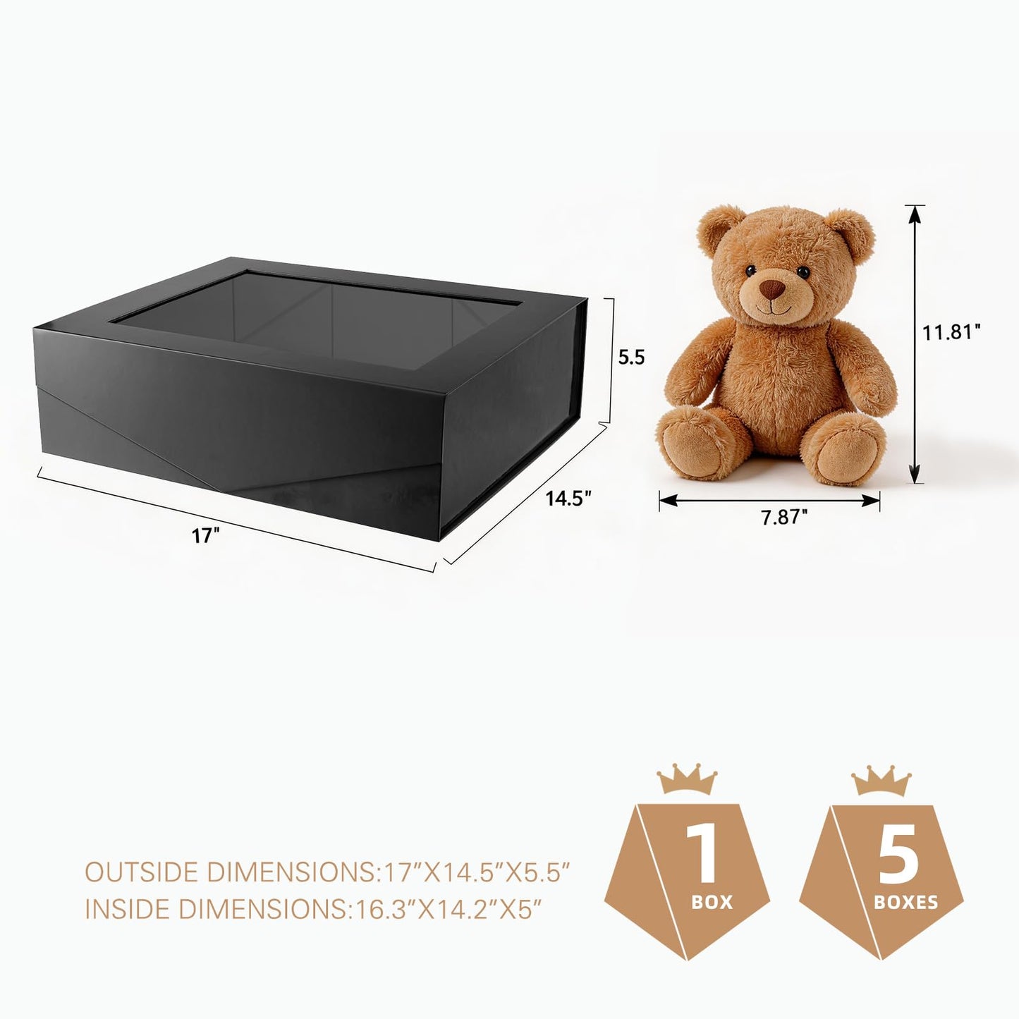 PACKQUEEN Extra Large Black Gift Box with Window, 16.3x14.2x5 Inches Clear Gift Box for Present Contains Ribbon, Card, Groomsman Proposal Box with Magnetic Lid (Glossy Black)