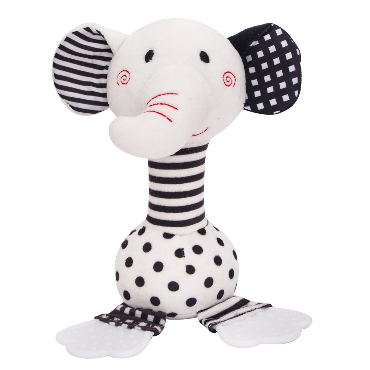 JINBOBUBU Black & White Elephant Baby Toys 0-12 Months - Plush Sensory Rattle with Teether, Wind Chime, BB Squeaker & Embroidery for Visual, Hearing & Cognitive Development
