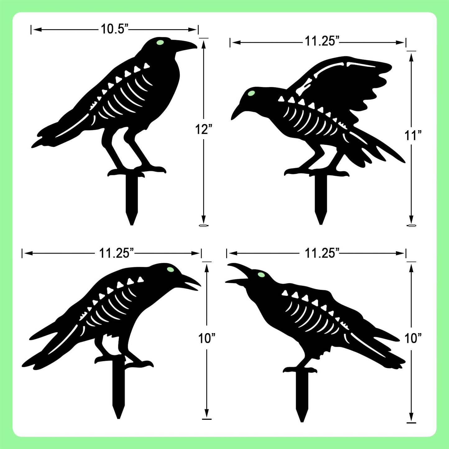 YY Gardenia Halloween Decorations Outdoor,Metal 4 Pack Black Crow Garden Stake - Spooky Glow in The Dark Raven Silhouette Crows Halloween Decorations