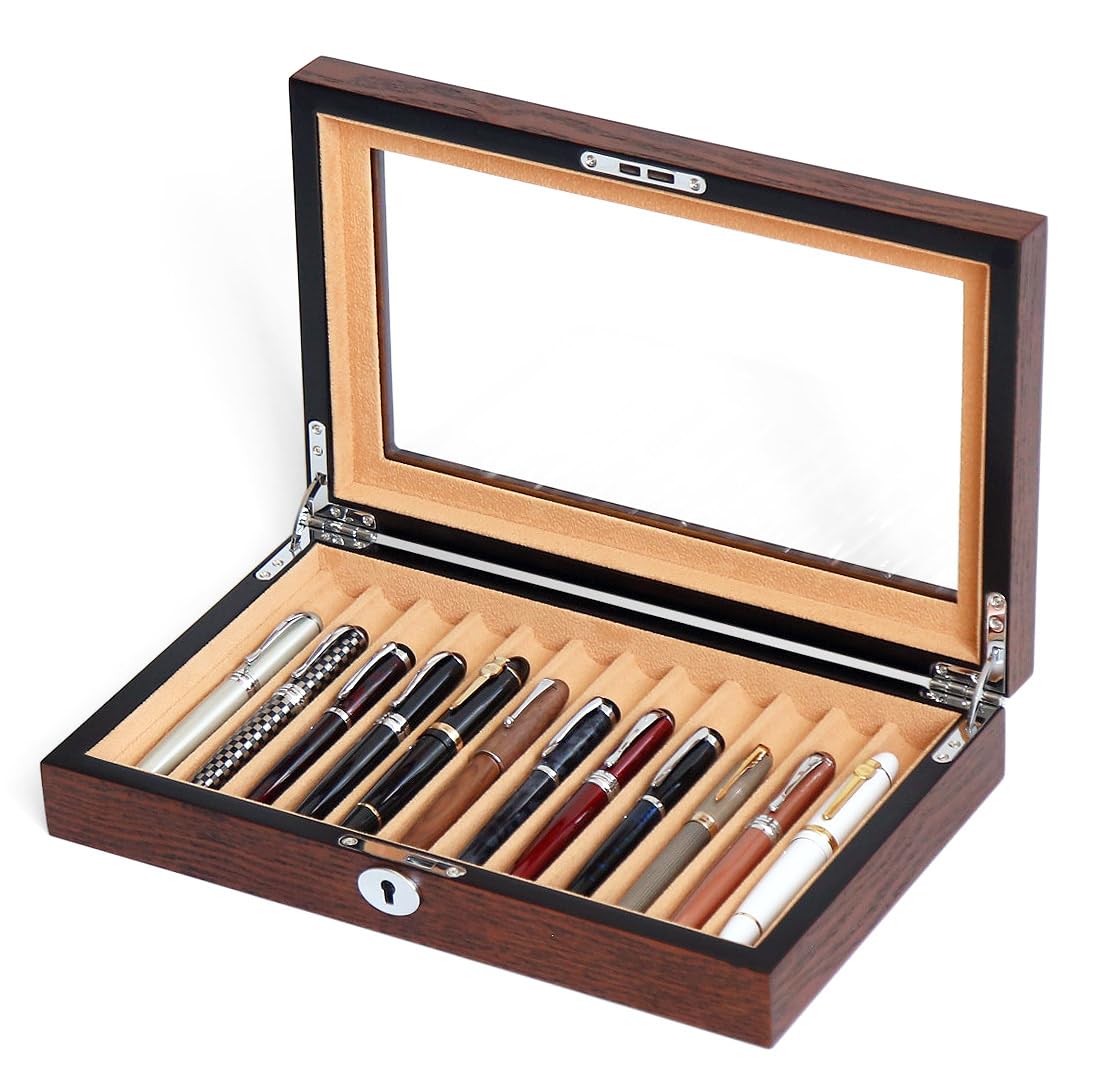 Besforu 12-Slot Fountain Pen Collector Case – Lockable Wooden Organizer with Glass Display Top, Premium Storage Box for Writing Instruments and Gift for Men