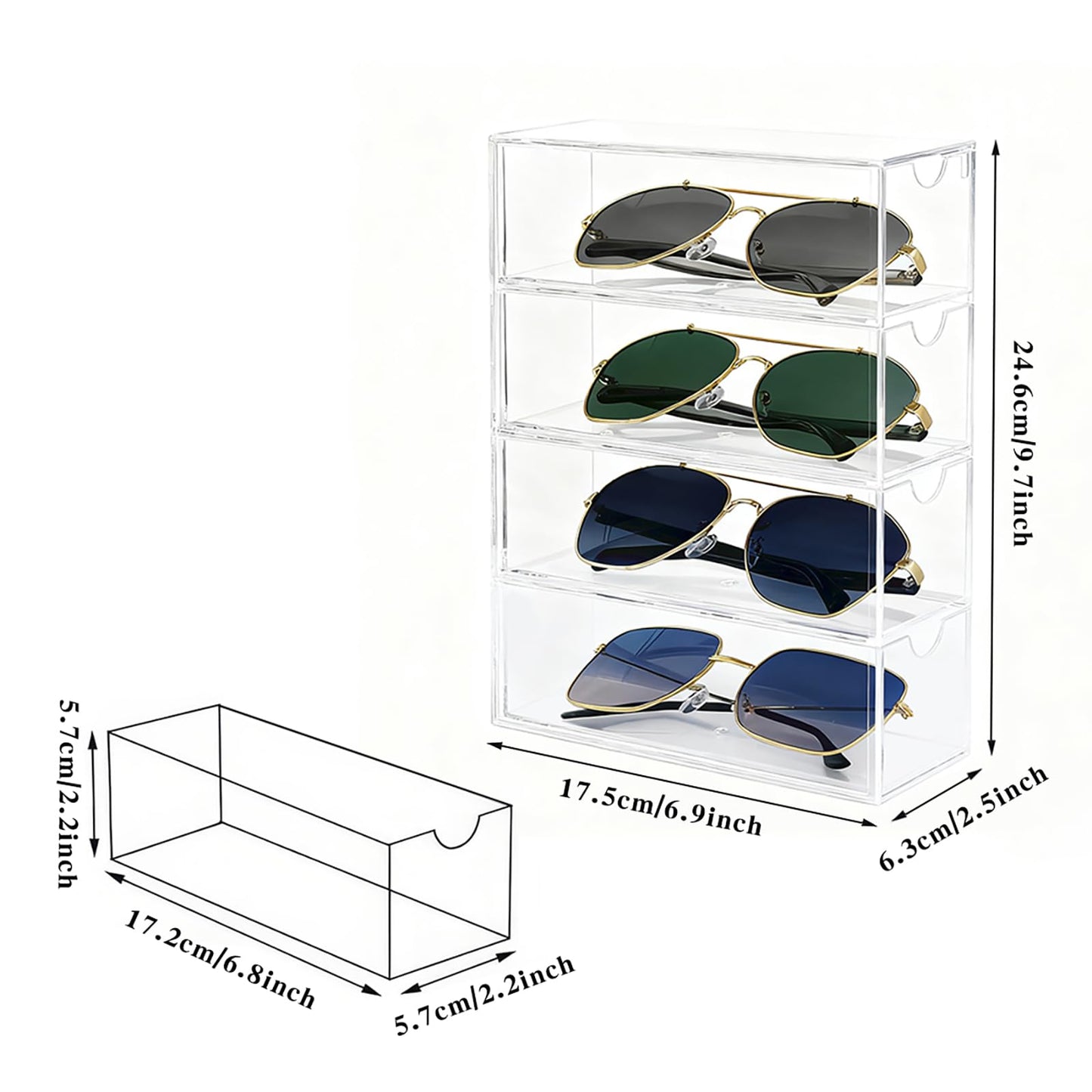 chunhai 2 Pack Sunglasses Organizer, Acrylic Eyeglass Case Clear Eyeglass Holder Eyewear Display Case with 4 Drawers for Women and Men, Jewelry Watch Storage