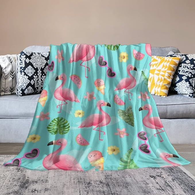 Flamingo Blankets Gifts - 50 x 60 Inches Cute Throw for Girls & Women - Green Soft Fuzzy Plush Flamingo Blankets for Sofa
