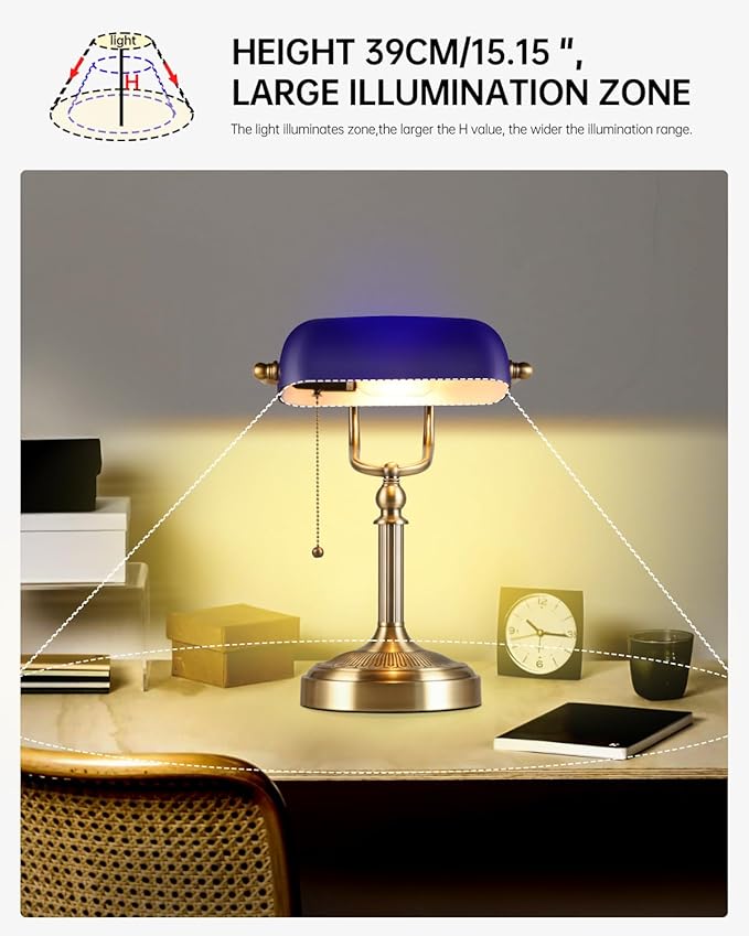 Newrays Blue Glass Bankers Desk Lamp with Pull Chain Switch Plug in Fixture for Home Office,Library
