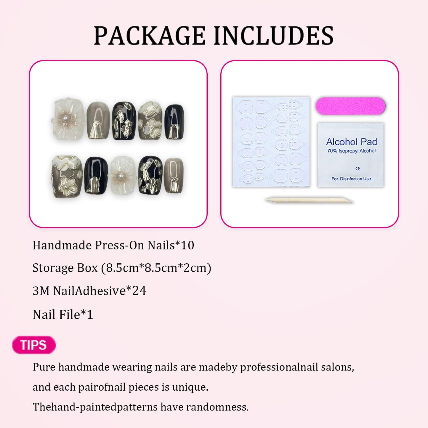 Square Press on Nails Full Cover Fake Nails with White Flower Handmade Press on Nails Short Black False Nails Embossed Silver Floral Acrylic Nails Thick Stick on Nails for Women Nail Art DIY（M)