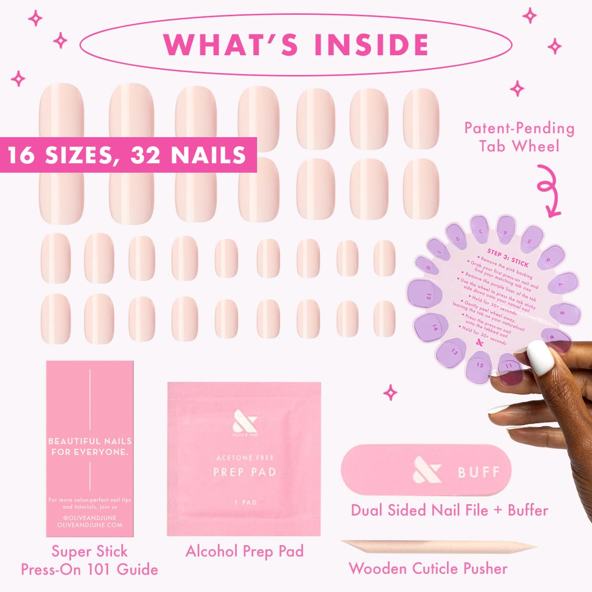 Olive & June Classic Super Stick Mani Press On Nails | No Glue Needed | 32 Tab Nails 16 Sizes | Non-Toxic Tabs Non-Damaging 7-Day Wear | Spring Flowers & Patterns | Short, Squoval | Tutu Pastel Pink