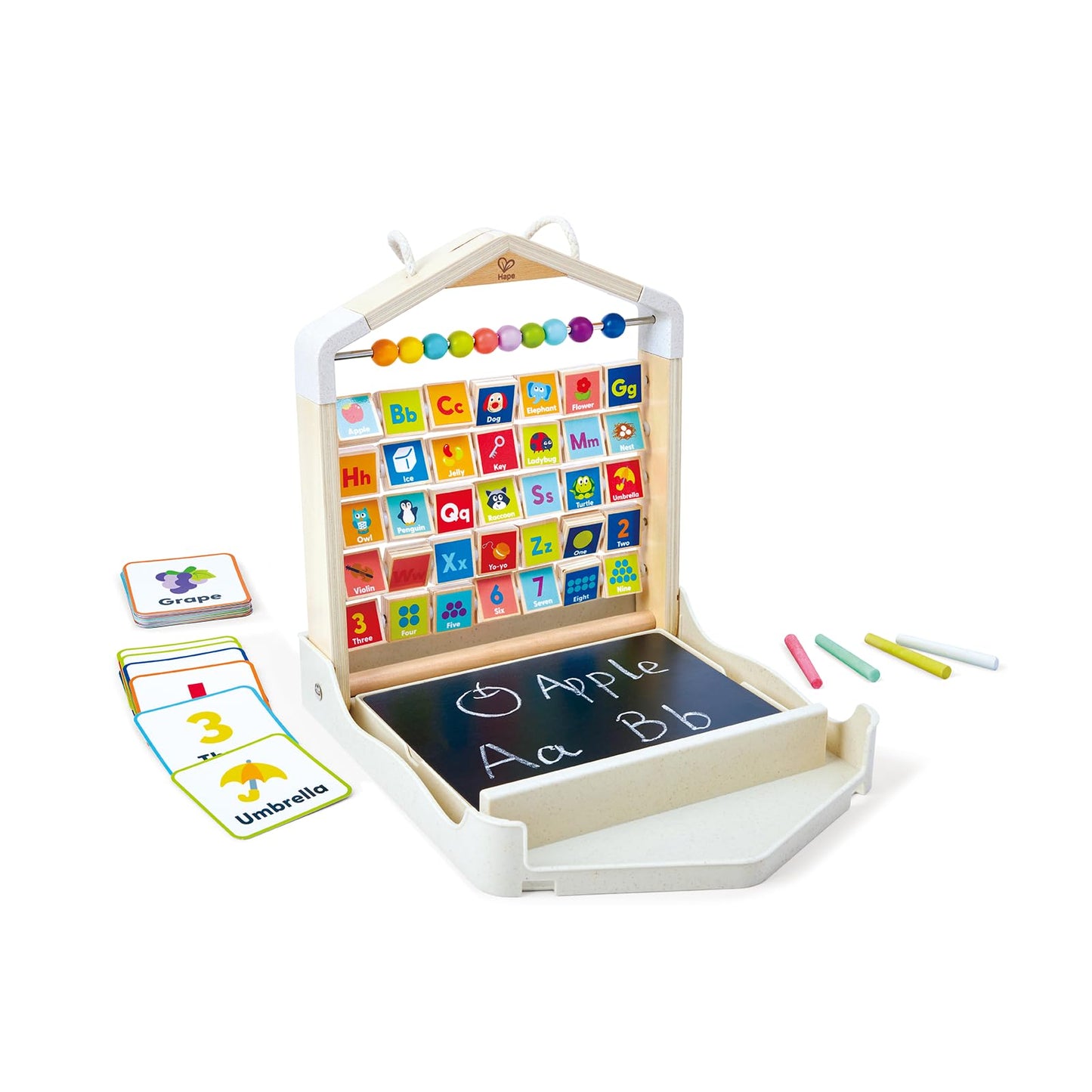 Hape Alphabet Learning Pack & Chalkboard Set for Toddlers - 35 Letter and Number Cards with Writing Board and Chalk - Educational STEM Toy for 3-6 Year Olds - Portable Travel Learning Case