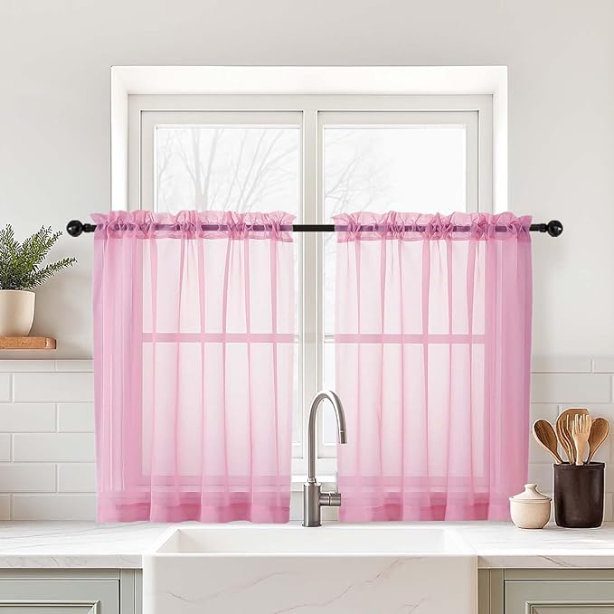 Light Pink Sheer Curtains Tier 30 Inches Length 2 Panels, Light Filtering Lightweight Soft Window Treatments Drapes, Cute Elegant Cafe Curtains for Nursery, Dual Rod Pocket, 2x42Wx30L Inches