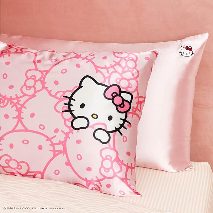 Kitsch x Hello Kitty Satin Pillowcase with Zipper for Hair Skin, Softer Than Silk Pillow Cases, Wrinkle-Free, Cooling Satin Pillow Covers, Solid Pink Kitty Face, Standard Size (19x26)