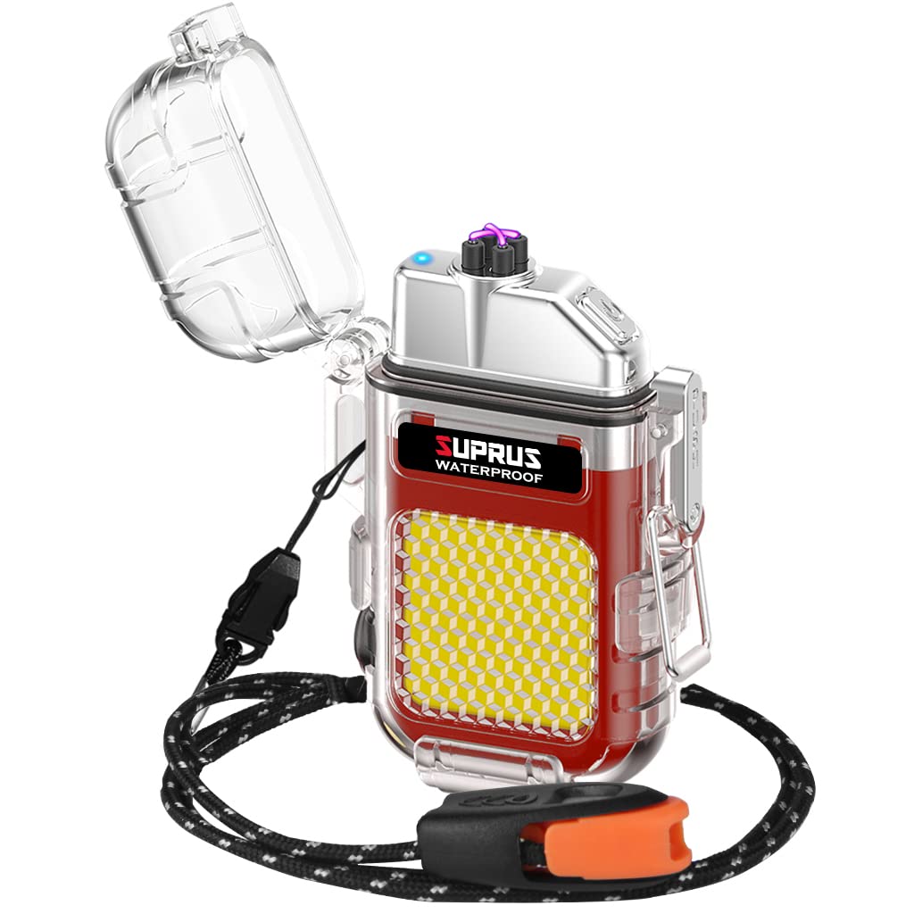 SUPRUS Waterproof 3 Modes of Flashlight Windproof Lighter Dual Arc Electric Rechargeable Dual Arc Plasma Lighter with Survival Emergency Whistle and Lanyard (Red)