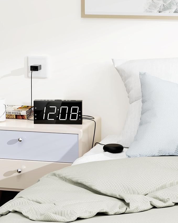 Alarm Clock for Heavy Sleepers with Bed Shaker, Vibrating Alarm Clock | Dual Alarms, USB Charger, 7.5" Large LED Display, 5 Dimmer, Snooze, 12/24H &DST, Plug in Clock with Memory Function