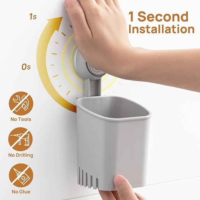 LEVERLOC Powerful Suction Cup Toothbrush Holder, Drill-Free Wall Shower Holder for Toothbrush, Toothpaste, Razor, Removable Suction Cup in Shower, Self-draining Kitchen Tableware Organizer, Gray