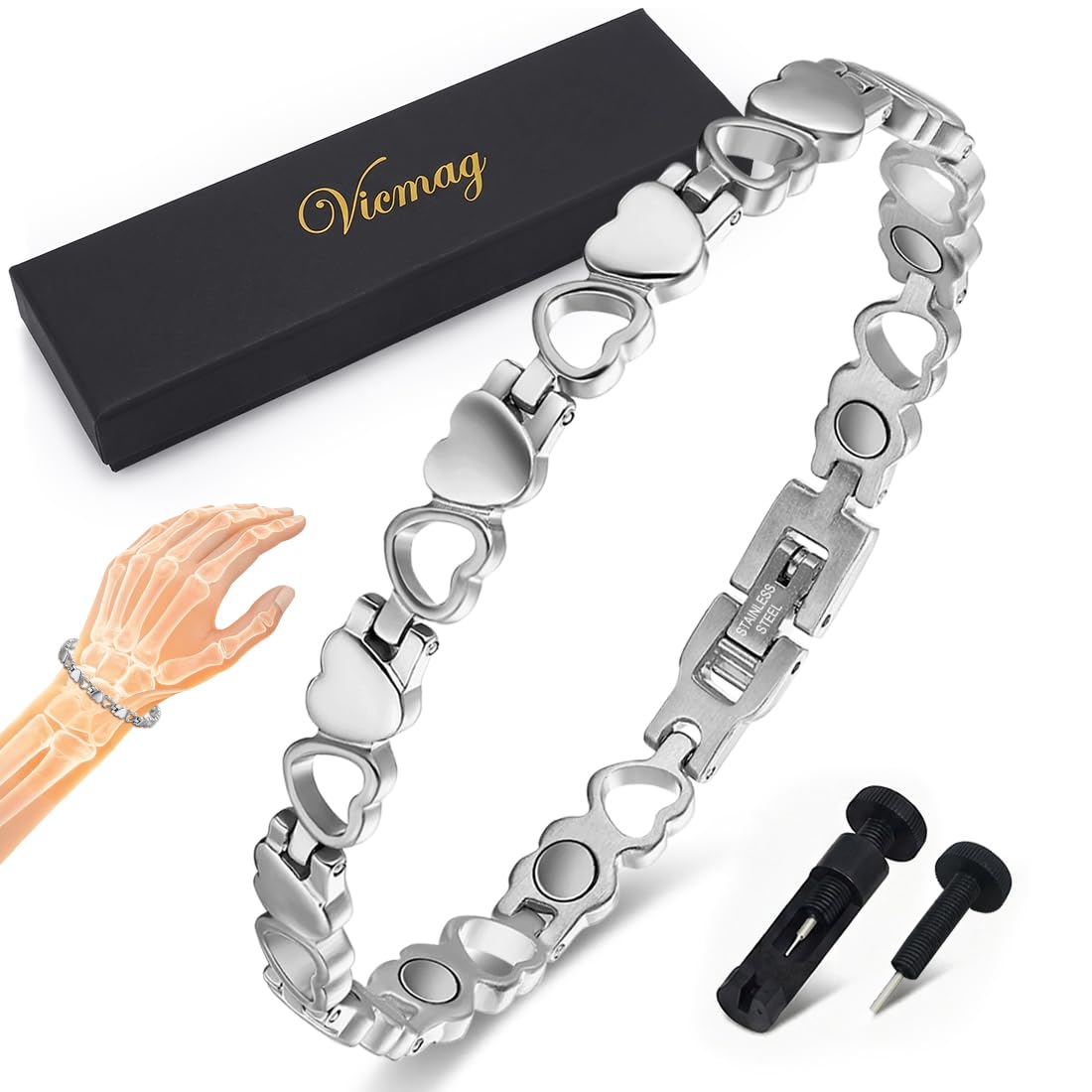 Vicmag Magnetic Bracelet for Women, Titanium Steel Bracelet with Ultra Strength Magnets, Waterproof & Adjustable, Jewelry Gift with Sizing Tool(Silver Heart)