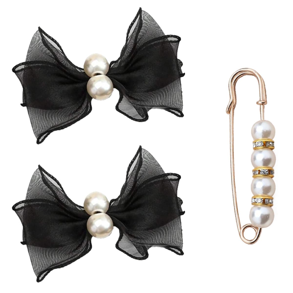 Tulle Bow Shoe Clips Elegant Pearl Shoe Embellishment Detachable Women Shoe Decoration Charms for Pumps Accessories 2 Pcs Black