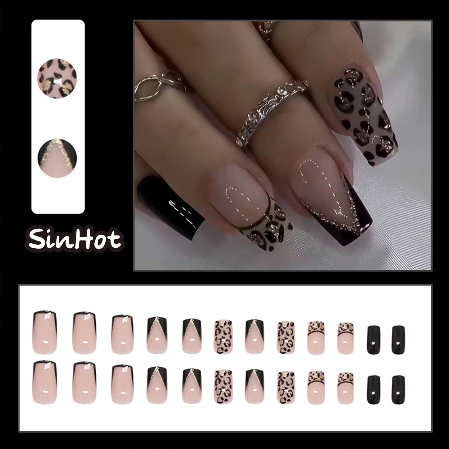 SINHOT Press on Nails - Short Square Fake Nails, Glossy Finish, Black French Tip & Cheetah, DIY Artificial False Nail Art - 24 Pcs Nail Kit with Glue