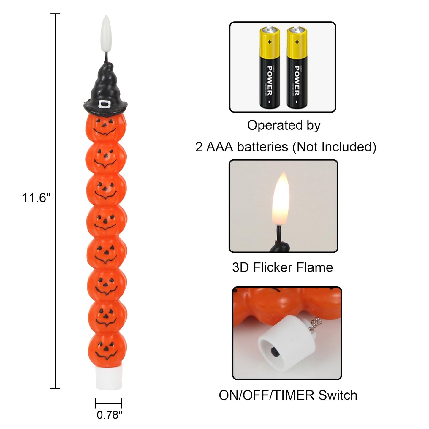 GenSwin Halloween Flameless Candles with Timer - Real Wax Flickering LED Candles for Halloween Decor (0.78 x 11.6 inches)