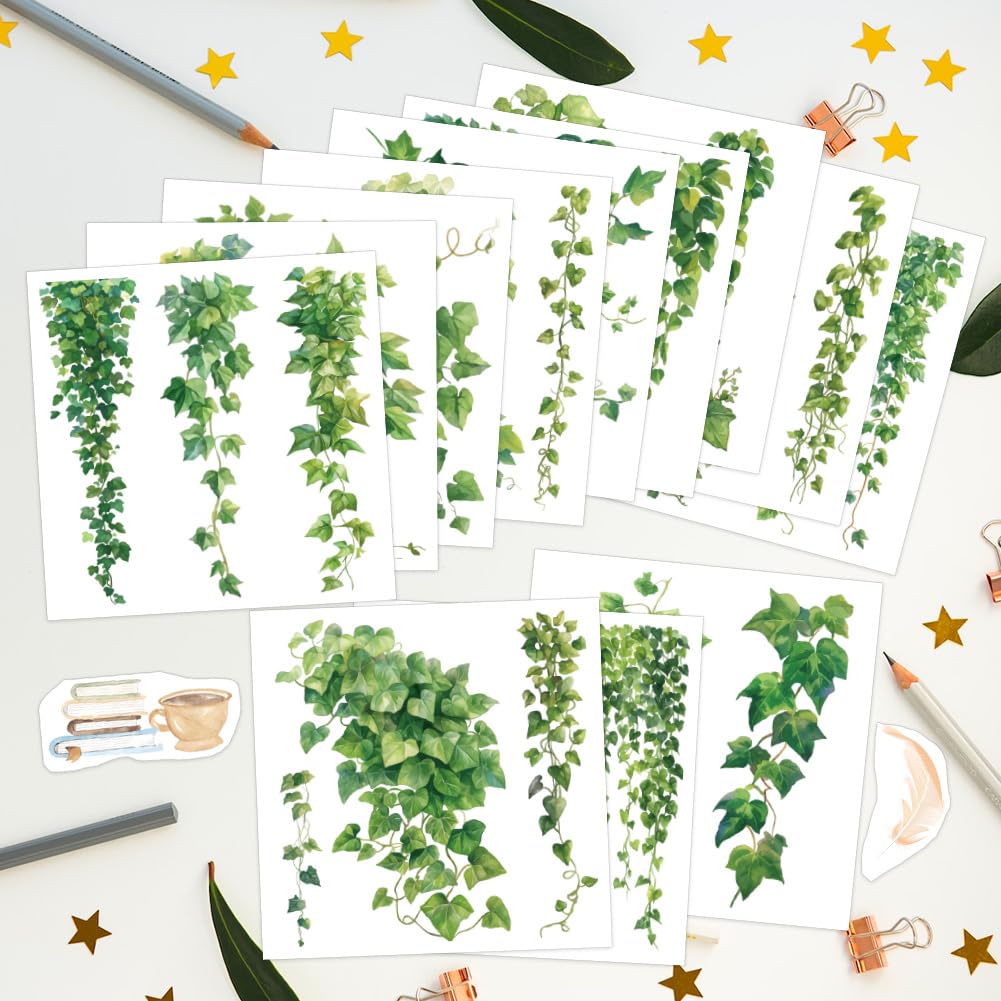 AHANDMAKER 12 Sheets Beautiful Green Ivy Leaves & Vine Rub On Transfer Stickers Green Plants Windows Decorative Transfer Stickers for Study Room, Bookstore, Coffee House Home Décor, 5.5x5.5"