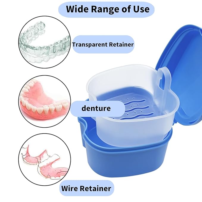 2pcs Denture Bath Retainer Case, Dentaure Cups for Soaking Dentures with Strainer Basket Tray,Compact and Pportable Design, Suitable for Traveling (Purple+Pink)